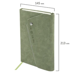 Ежедневник датированный 2027, А5, 145&times;213 мм, BRAUBERG &laquo;Jacket&raquo; под кожу, магнитный клапан, держатель для ручки, зеленый, 118055