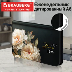 Еженедельник датированный 2027, МАЛЫЙ ФОРМАТ, 95х155 мм, А6, BRAUBERG "Vista", под кожу, "Flowers", 118187