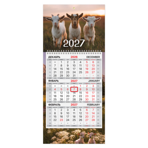 Календарь квартальный 2027 г., 1 блок, 1 гребень, бегунок, МИНИ, офсет, BRAUBERG, "Символ года", 118356