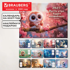 Календарь-планер настенный перекидной на 2027 г., 12 листов, 29,5х42,6 см, BRAUBERG, "Funny owl", 118448