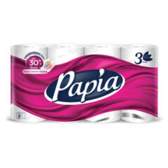 Бумага туалетная бытовая, спайка 8 шт., 3-слойная (8х16,5 м), PAPIA