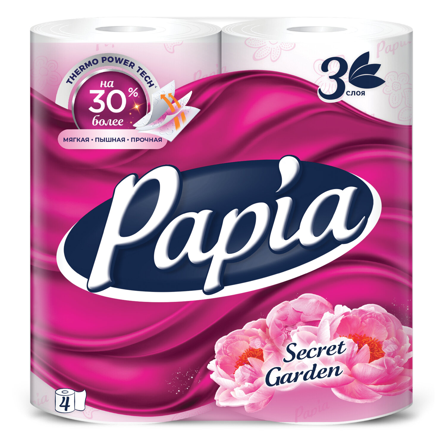 Бумага туалетная бытовая, спайка 4 шт., 3-слойная (4х16,5 м), PAPIA, аромат "Таинственный сад"
