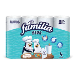 Полотенца бумажные бытовые, спайка 4 шт., 2-слойные (4х12 м), FAMILIA PLUS, 22,7x12 см, белые