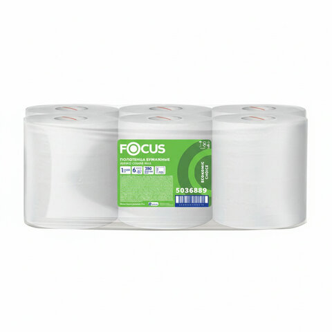 Полотенца бумажные с центральной вытяжкой 280 м, FOCUS (М2) Jumbo, 1-слойные, белые, КОМПЛЕКТ 6 рулонов, 5036889