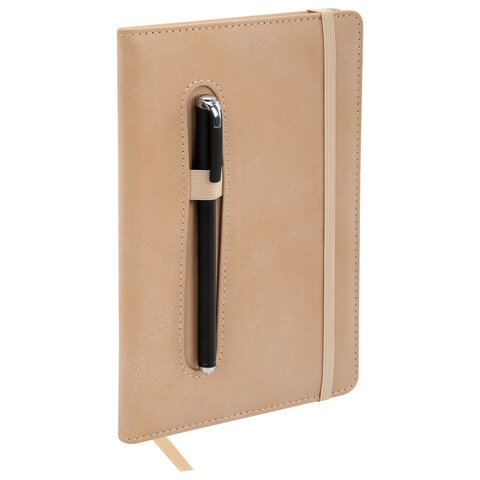 Блокнот А5, 148x218 мм, BRAUBERG "Optimal", под кожу, 80 листов, резинка, держатель для ручки, клетка, бежевый, 118636 - фото 6