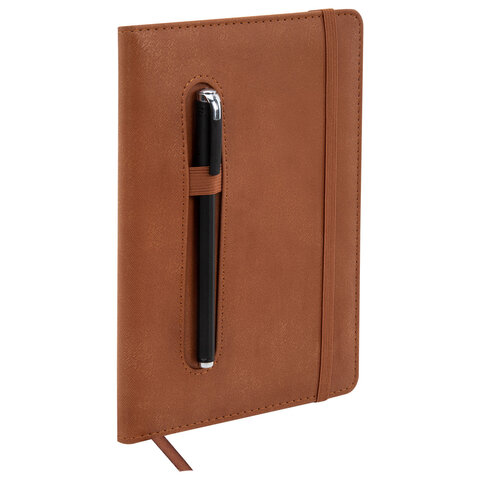 Блокнот А5, 148x218 мм, BRAUBERG "Optimal", под кожу, 80 листов, резинка, держатель для ручки, клетка, коричневый, 118637 - фото 6