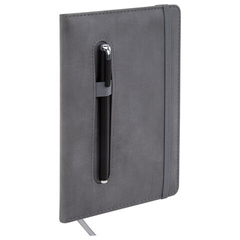 Блокнот А5, 148x218 мм, BRAUBERG "Optimal", под кожу, 80 листов, резинка, держатель для ручки, клетка, серый, 118638 - фото 6