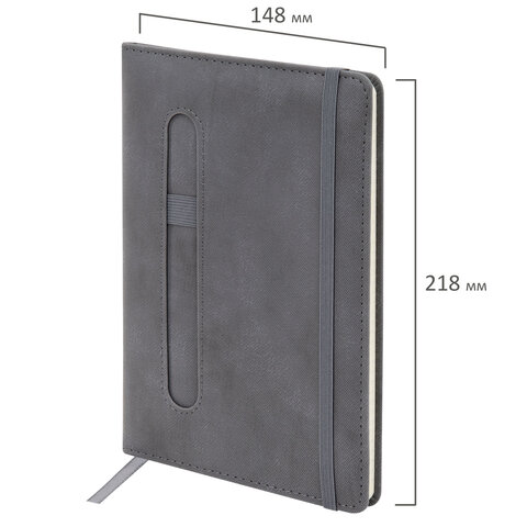 Блокнот А5, 148x218 мм, BRAUBERG "Optimal", под кожу, 80 листов, резинка, держатель для ручки, клетка, серый, 118638 - фото 7