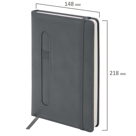 Ежедневник недатированный А5, 148x218 мм, BRAUBERG "Optimal", под кожу, 160 листов, резинка, держатель для ручки, серый, 118644 - фото 3