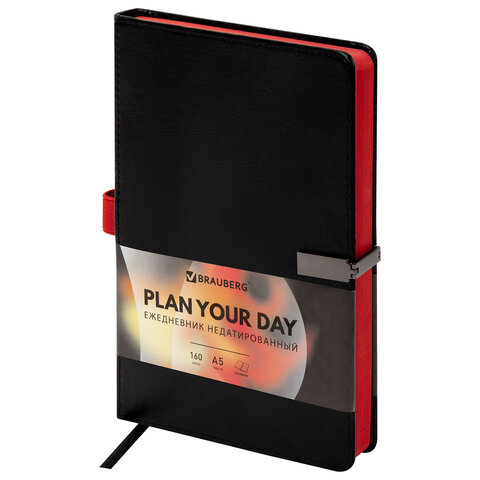 Ежедневник недатированный А5, 148x218 мм, BRAUBERG "Inspiration", под кожу, застежка, цветной срез, 160 листов, черный, 118648