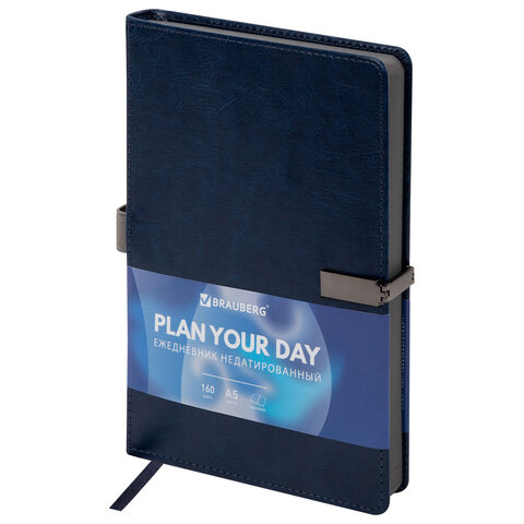 Ежедневник недатированный А5, 148x218 мм, BRAUBERG "Inspiration", под кожу, застежка, цветной срез, 160 листов, синий, 118649