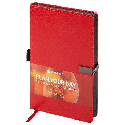 Ежедневник недатированный А5, 148x218 мм, BRAUBERG "Inspiration", под кожу, застежка, цветной срез, 160 листов, красный, 118650