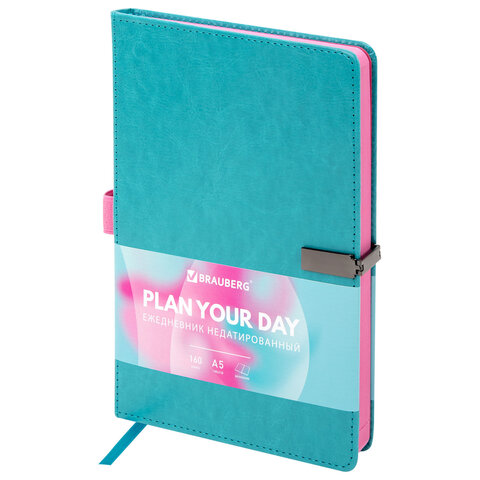 Ежедневник недатированный А5, 148x218 мм, BRAUBERG "Inspiration", под кожу, застежка, цветной срез, 160 листов, бирюзовый, 118651