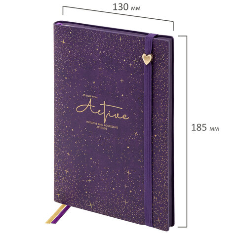 Блокнот B6, 130x185 мм, BRAUBERG "Stellar", под кожу, 80 листов, фольга, резинка, клетка, фиолетовый, 118655 - фото 2