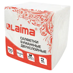 Салфетки бумажные 100 штук, 2-слойные, 24&times;24 см, LAIMA, белые, 100% целлюлоза, 118715