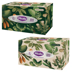 Косметические салфетки 180 штук в картонном боксе, 2-слойные, PLUSHE "Green Line" (ПЛЮШЕ), 20x20 см