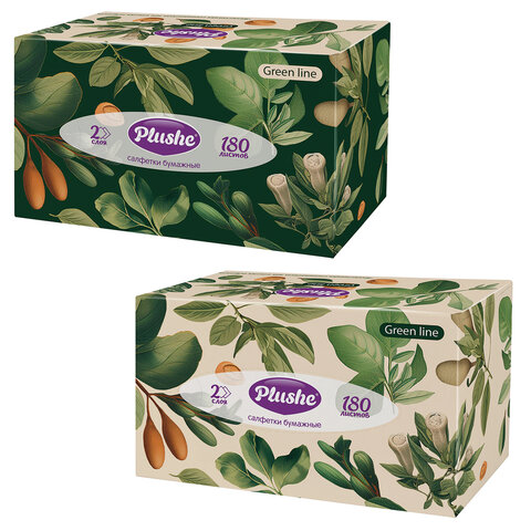 Косметические салфетки 180 штук в картонном боксе, 2-слойные, PLUSHE "Green Line" (ПЛЮШЕ), 20x20 см, 19335