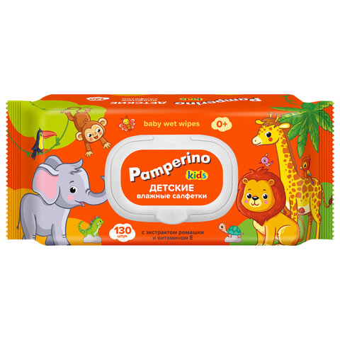 Салфетки влажные детские 130 шт., PAMPERINO, с экстрактом ромашки и витамином Е, крышка-клапан, 72954