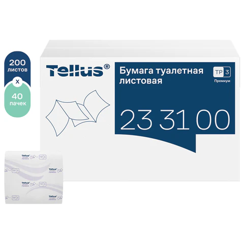Бумага туалетная листовая Tellus/TORK (Система ТР3) ПРЕМИУМ КОМПЛЕКТ 40 шт., 200 л., 11х23 см, 2-слойная, 233100