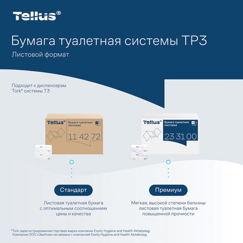 Бумага туалетная листовая Tellus/TORK (Система ТР3) ПРЕМИУМ КОМПЛЕКТ 40 шт., 200 л., 11х23 см, 2-слойная, 233100 - фото 10