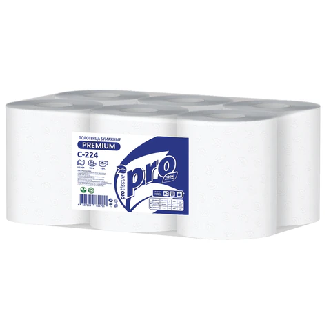 Полотенца бумажные с центральной вытяжкой 150 м, PROtissue (M1) PREMIUM, 2-слойные, белые, КОМПЛЕКТ 6 рулонов, С224