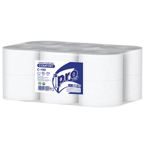 Бумага туалетная 200 метров, PROtissue (T2) COMFORT, 1-слойная, белая, КОМПЛЕКТ 12 рулонов, С190