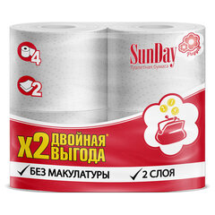 Бумага туалетная бытовая, спайка 4 шт., 2-слойная (4х16 м), SUNDAY, белая