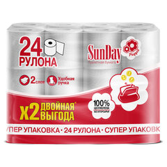 Бумага туалетная бытовая, спайка 24 шт., 2-слойная (24х16 м), SUNDAY, белая