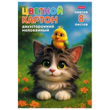 Картон цветной А4, 2-сторонний, МЕЛОВАННЫЙ, 8 листов, 8 цветов, в папке, HATBER, 195х280 мм, "Мурчалкин", 094750, 8Кц4_36050