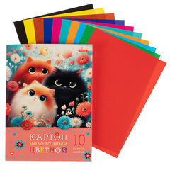 Картон цветной А4, МЕЛОВАННЫЙ, 10 листов, 10 цветов, в папке, HATBER, 195&times;280 мм, &laquo;Пушистые лапки&raquo;, 094882