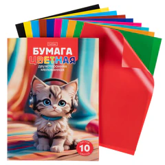 Цветная бумага А4 2-сторонняя, мелованная, 10 листов, 10 цветов, в папке, HATBER, 194&times;280 мм, &laquo;Musical cat&raquo;, 095851