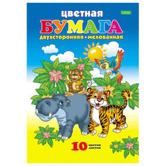 Цветная бумага А4 2-сторонняя мелованная, 10 листов, 10 цветов, на скобе, HATBER ECO, 210&times;295 мм, &laquo;Джунгли&raquo;, 095717