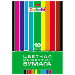 Цветная бумага А4 мелованная, 10 листов, 10 цветов, в папке, HATBER, 194&times;280 мм, &laquo;Creative Set&raquo;, 095297