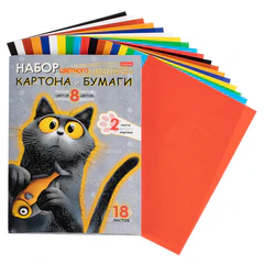 Набор картона и бумаги A4 мелованные 18л. (8цв+8цв+2бел) в папке, HATBER, Пушистый фи