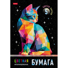 Цветная бумага А4, МЕТАЛЛИЗИРОВАННАЯ, 5 листов, 5 цветов, в папке, HATBER, 194&times;280 мм, &laquo;Звездный котик&raquo;, 095294