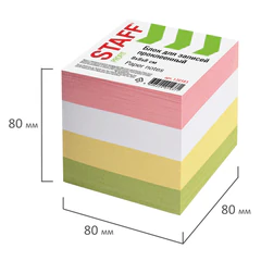 Блок для записей проклеенный, 8&times;8&times;8 см, плотность 65 г/<wbr/>м<sup>2</sup>, цветной, STAFF, 120383