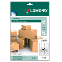 Этикетка самоклеящаяся 38&times;21,2 мм, 65 этикеток, белая, 70 г/<wbr/>м<sup>2</sup>, 50 листов, LOMOND, 2100215