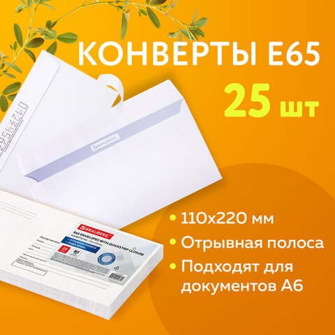 Конверты Е65 (110х220 мм), отрывная лента, "Куда-Кому", 80 г/м2, КОМПЛЕКТ 25 шт., внутренняя запечат