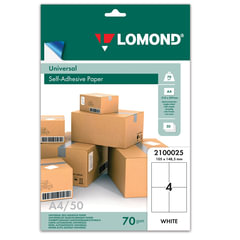 Этикетка самоклеящаяся 105&times;148,5 мм, 4 этикетки, белая, 70 г/<wbr/>м<sup>2</sup>, 50 листов, LOMOND, 2100025