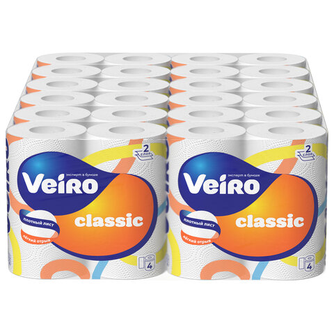 Бумага туалетная бытовая, спайка 4 шт., 2-х слойная (4х17,5 м), VEIRO Classic (Вейро), белая, 5с24