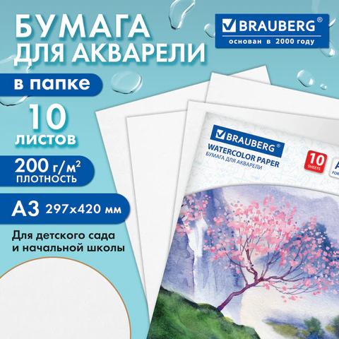 Бумага для акварели БОЛЬШАЯ А3, 10 л., 200 г/м2, 297х420 мм, BRAUBERG, "Сакура", 125224