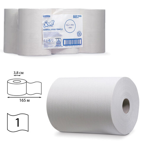 Полотенца бумажные рулонные KIMBERLY-CLARK Scott, КОМПЛЕКТ 6 шт., Slimroll, 165 м, белые, артикул 6657