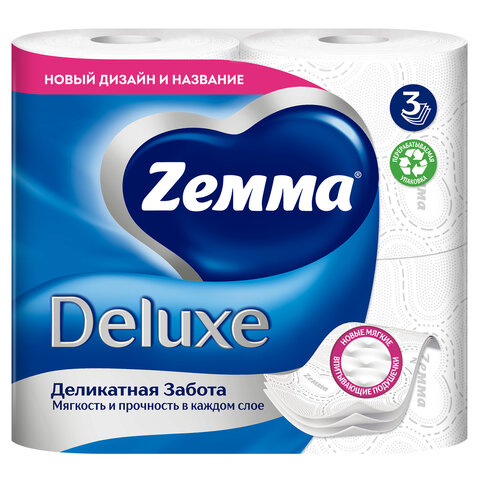 Бумага туалетная 3-слойная, 4 рулона (4х18 м), белая, ZEMMA/ZEWA Deluxe, 32281