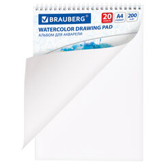 Альбом для акварели А4 20 л., бумага 200 г/<wbr/>м<sup>2</sup>, гребень, твердая подложка, BRAUBERG, &laquo;Краски&raquo;, 126308