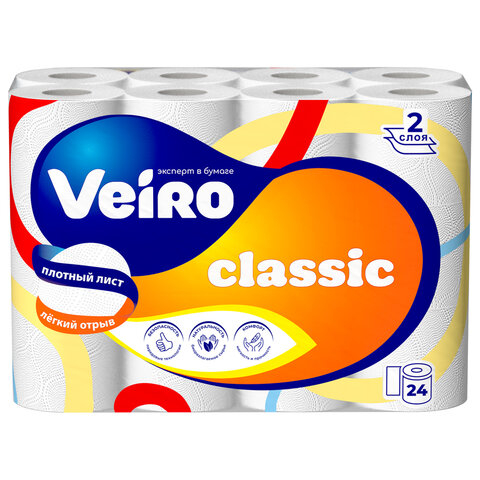 Бумага туалетная бытовая, спайка 24 шт., 2-х слойная (24х17,5 м), VEIRO Classic, белая, 5с224