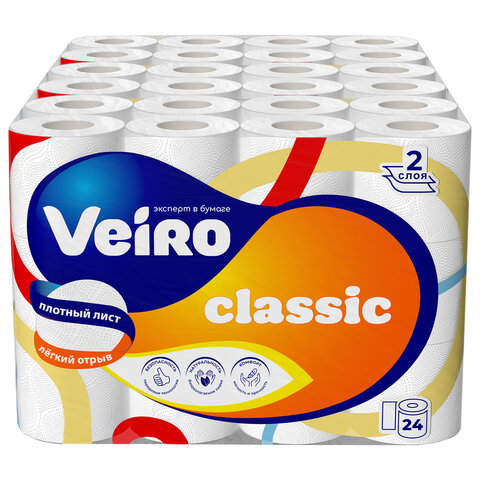 Бумага туалетная бытовая, спайка 24 шт., 2-х слойная (24х17,5 м), VEIRO Classic, белая, 5с224