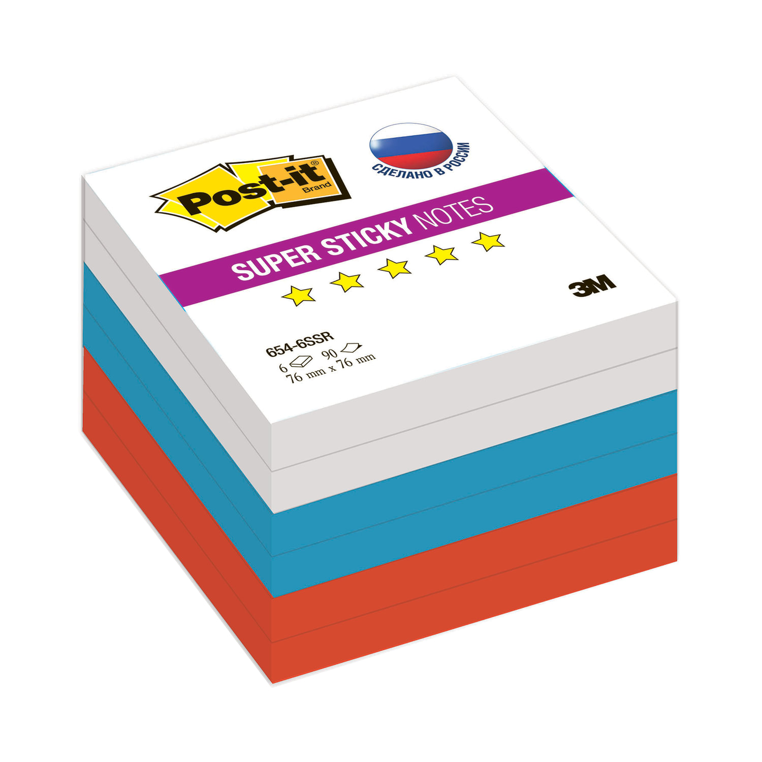 Блоки самоклеящиеся (стикеры) POST-IT Super Sticky "Триколор" 76х76 мм, КОМПЛЕКТ 6 шт. по 90 л., 654-6SSR