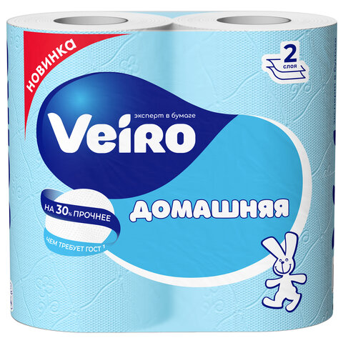 Бумага туалетная бытовая, спайка 4 шт., 2-х слойная (4х15 м), VEIRO "Домашняя", белая, 1с24