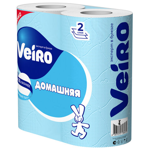 Бумага туалетная бытовая, спайка 4 шт., 2-х слойная (4х15 м), VEIRO "Домашняя", белая, 1с24