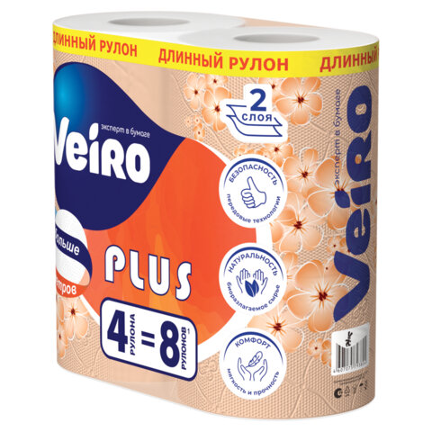 Бумага туалетная бытовая, спайка 4 шт., 2-х слойная (4х30 м), VEIRO Standart Plus, белая, 3с24